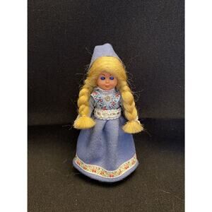 Vintage 5” European Blonde Girl Souvenir Doll Traditional Blue Dress & Bonnet
